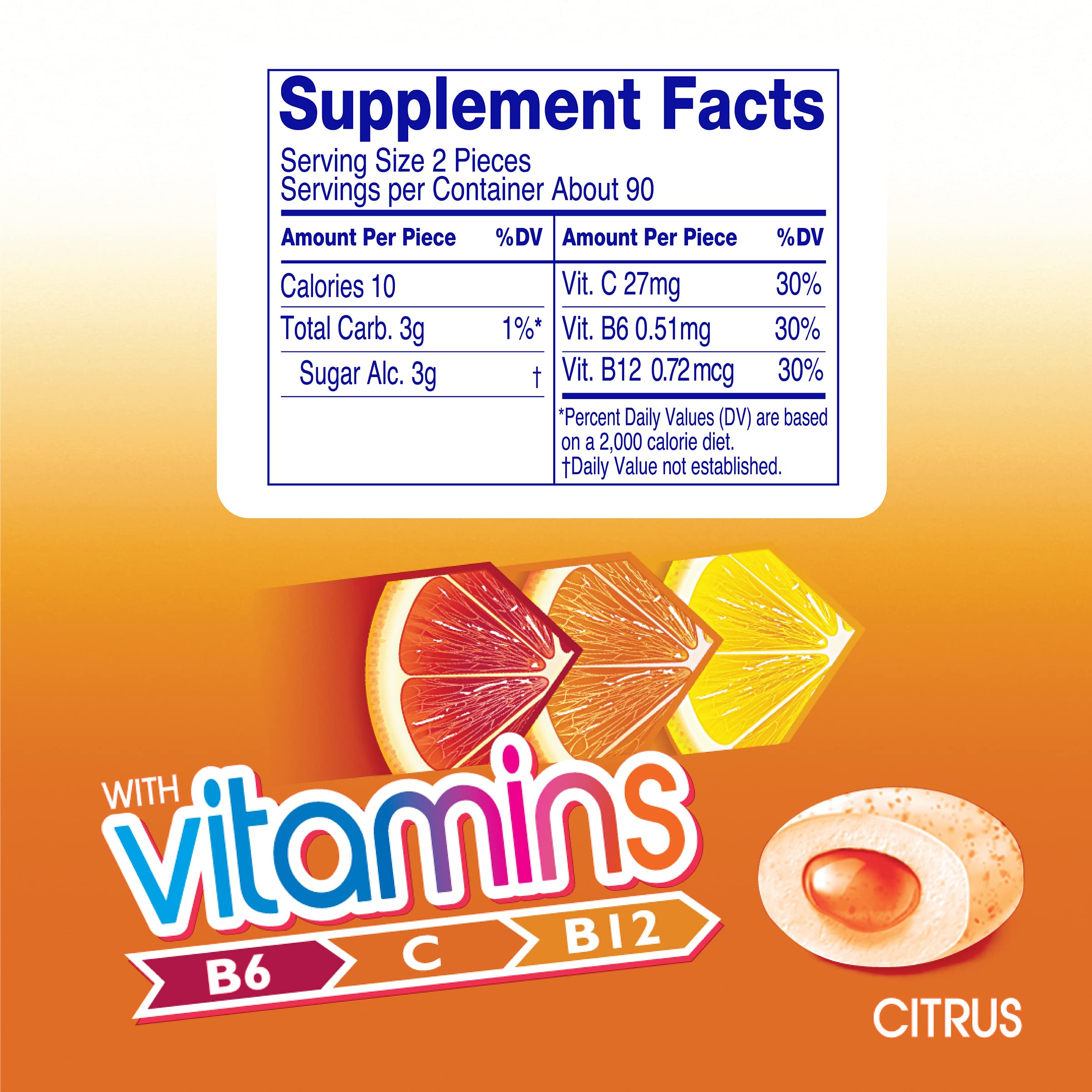 Mentos Vitamins Gum Citrus with crunchy shell releasing fresh citrus flavor.