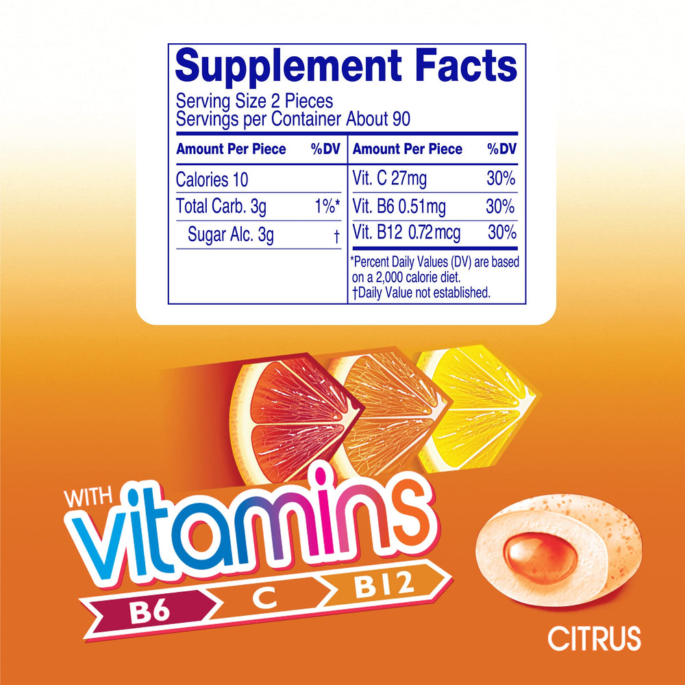 Mentos Vitamins Gum Citrus with crunchy shell releasing fresh citrus flavor.
