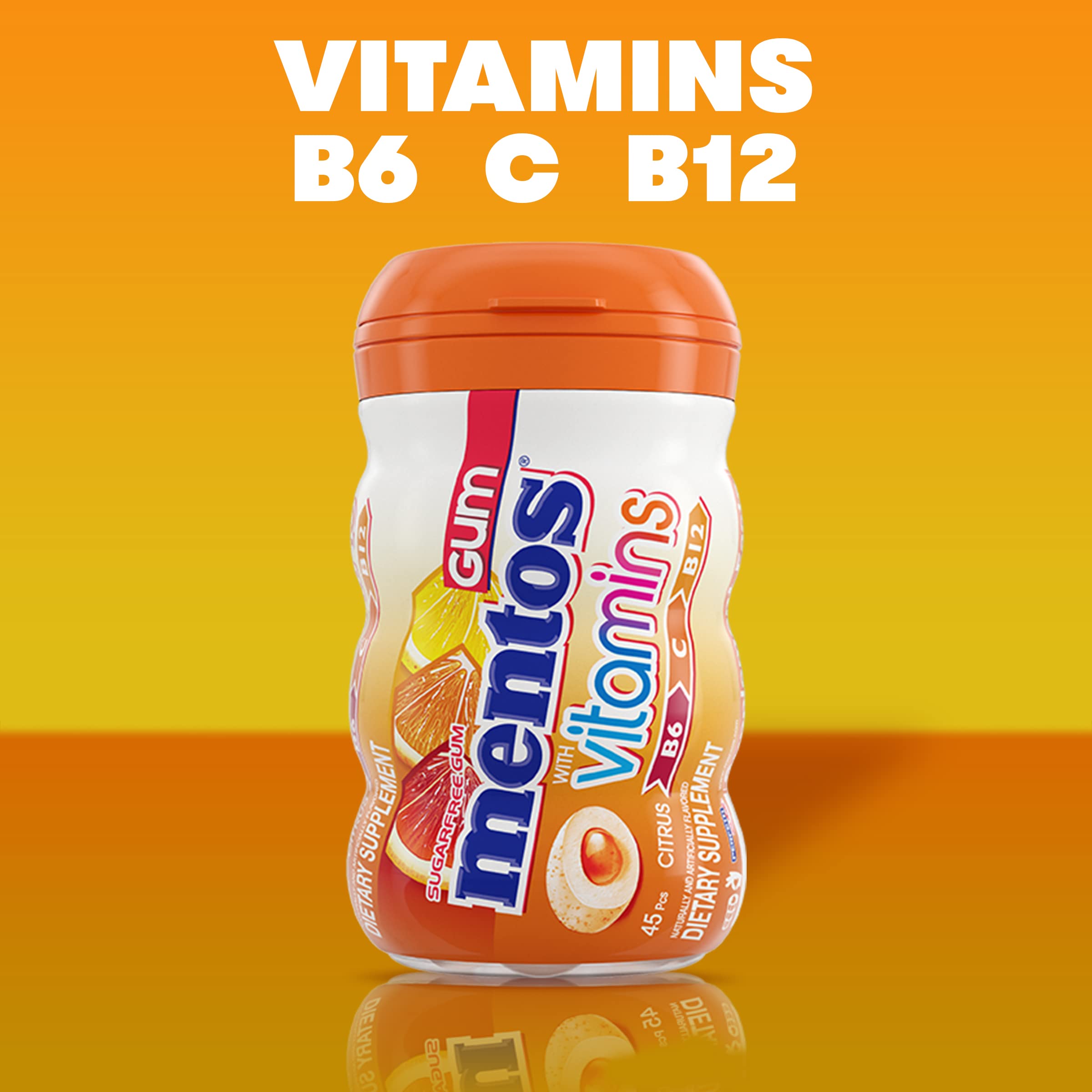 Recloseable bottle keeps Mentos Vitamins Gum Citrus fresh between uses.