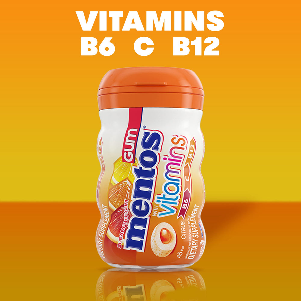 Recloseable bottle keeps Mentos Vitamins Gum Citrus fresh between uses.