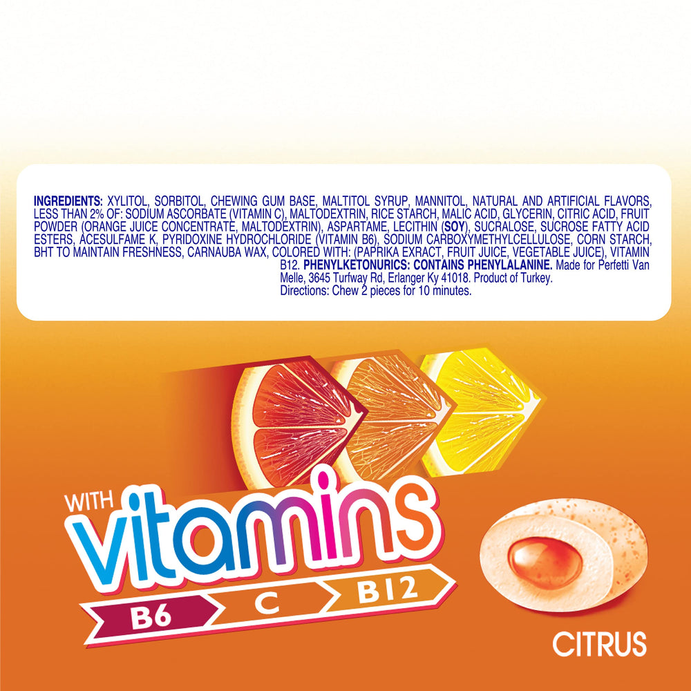 Mentos Vitamins Gum Citrus soft center delivers lasting citrus zest.