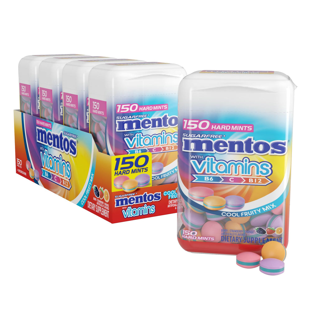 Mentos Vitamin Hard Mints Cool Fruity Mix pack image, sugar-free mint option for quick refreshment.