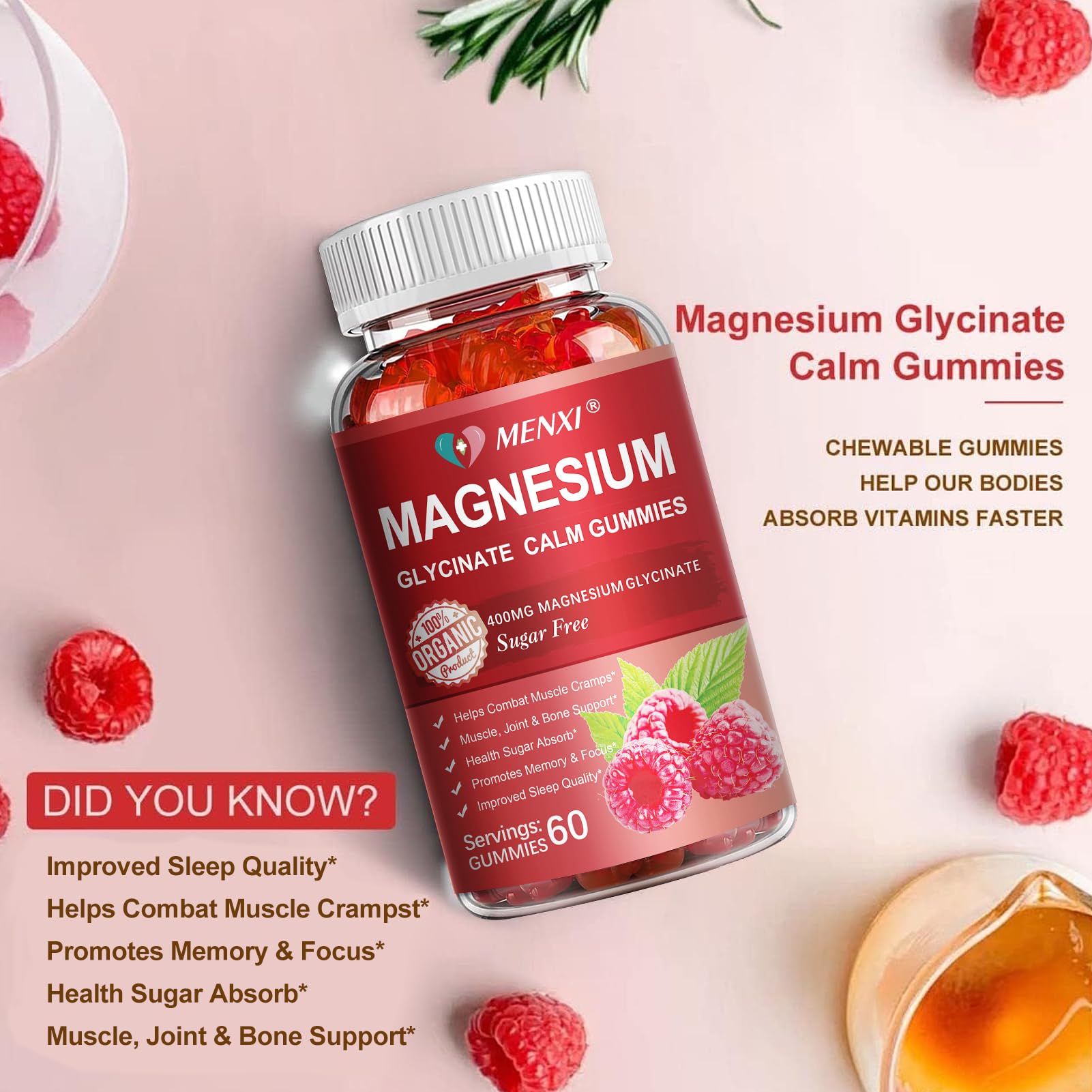 MENXI Magnesium Gummies label closeup showing ingredients and allergen information.