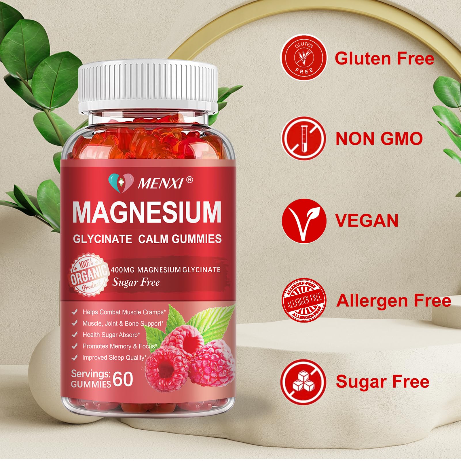 MENXI Magnesium Gummies vegan badge emphasizing clean, non-GMO ingredients.