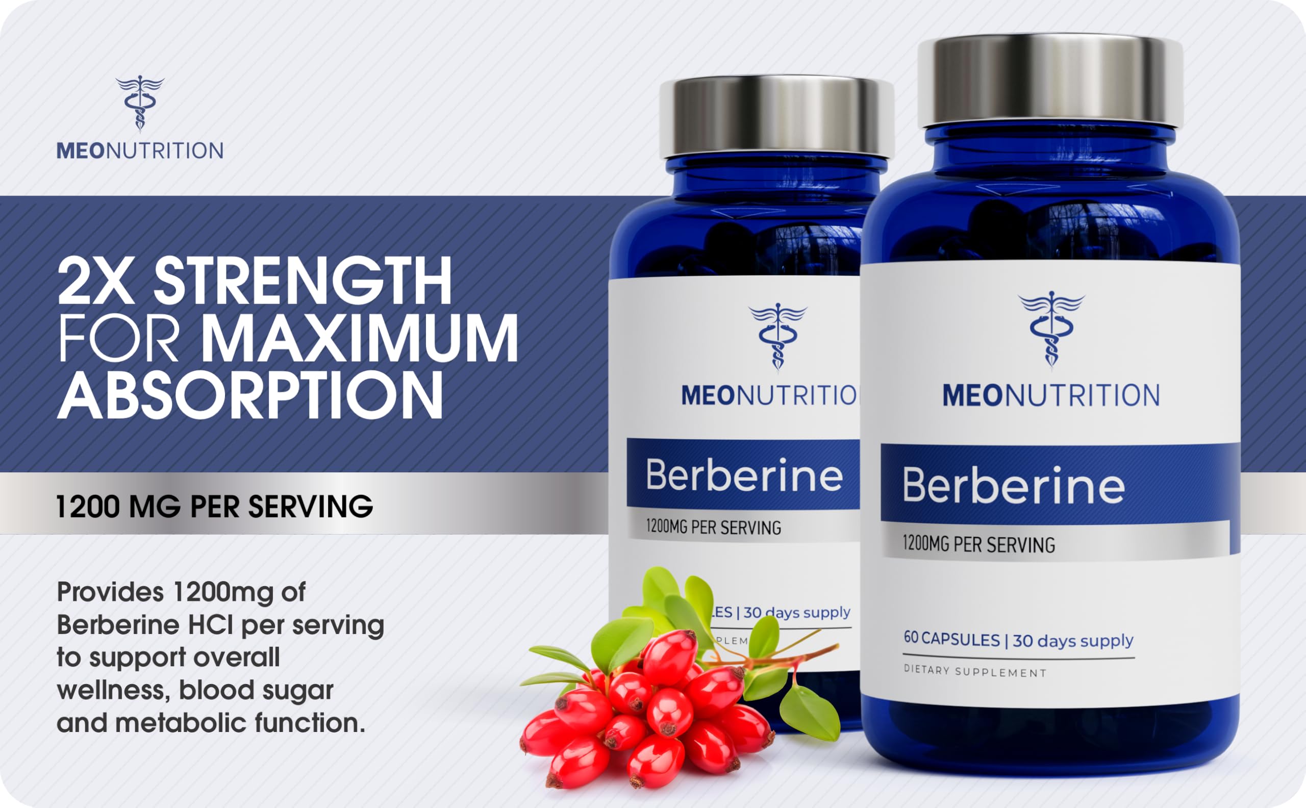 Meo Nutrition Berberine 1200mg vegan formula line conveys clean plant-based capsules