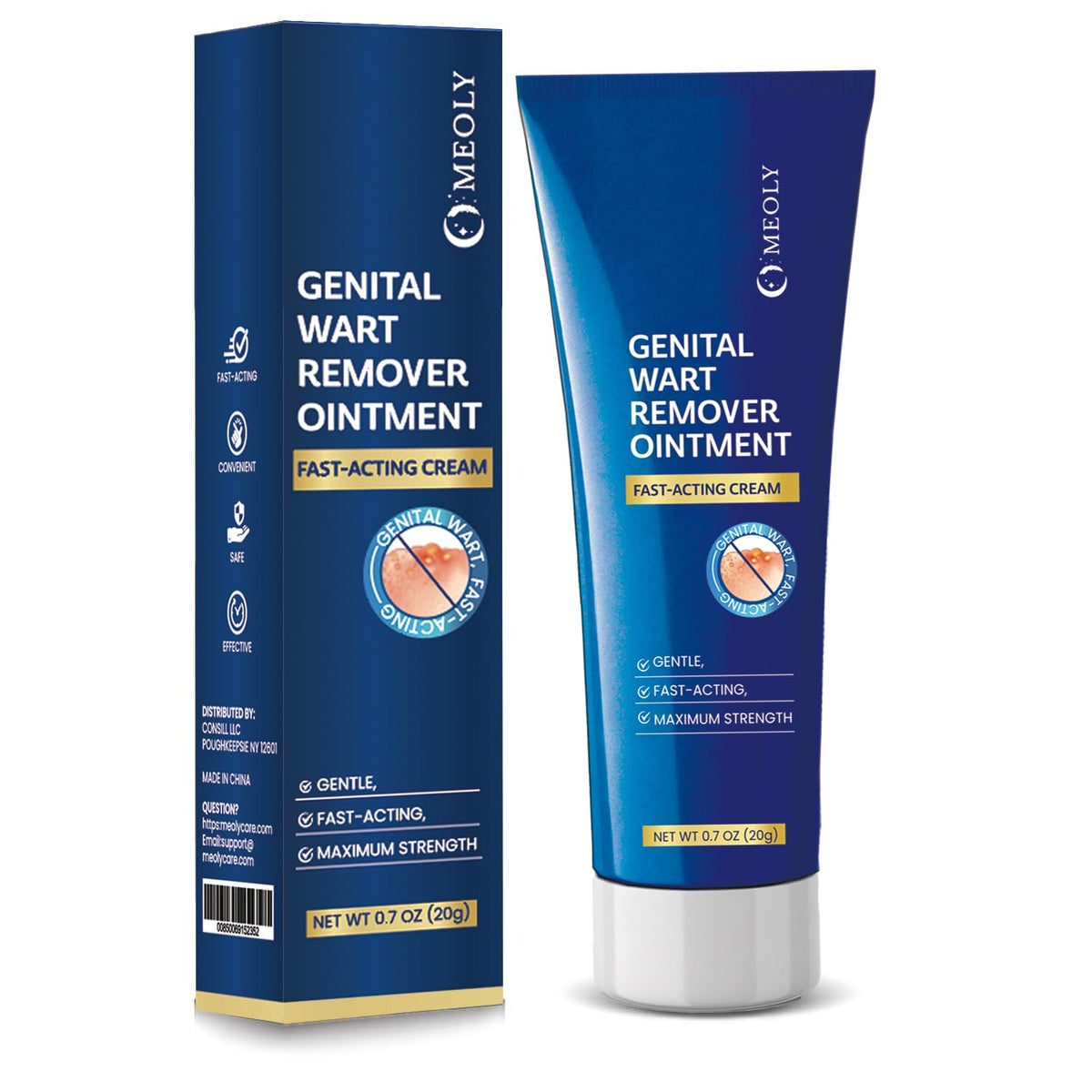 MEOLY genital wart remover cream bottle close-up highlighting easy-to-use, discreet topical application.