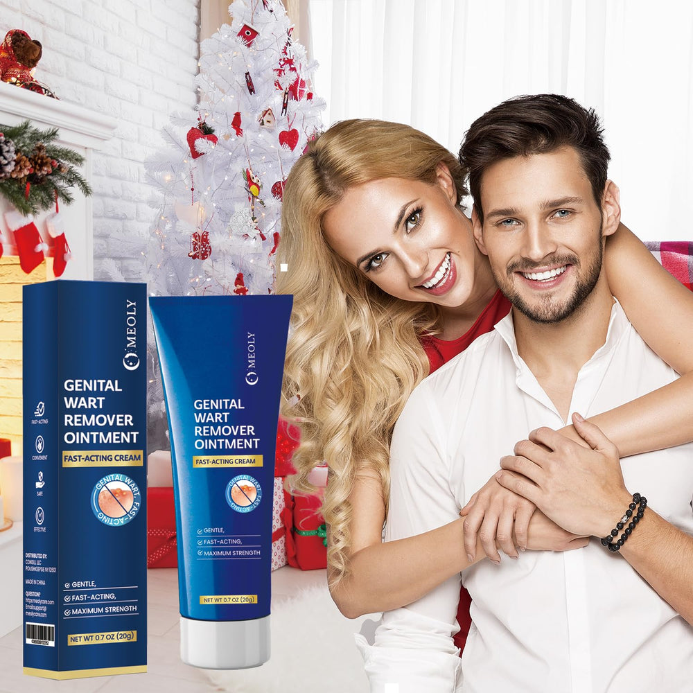 MEOLY genital wart remover cream label scan conveys ingredient focus and trusted branding.