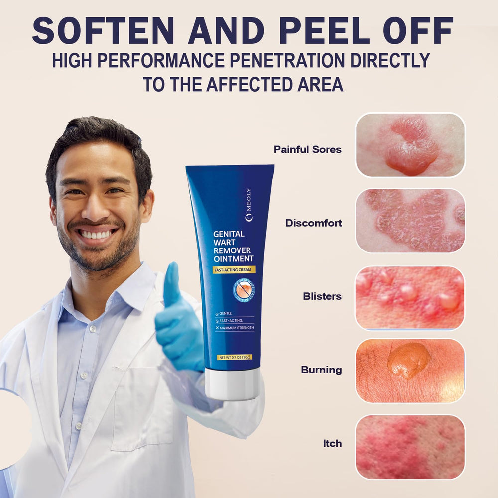 MEOLY genital wart remover cream packaging image emphasizes compact, travel-friendly design.