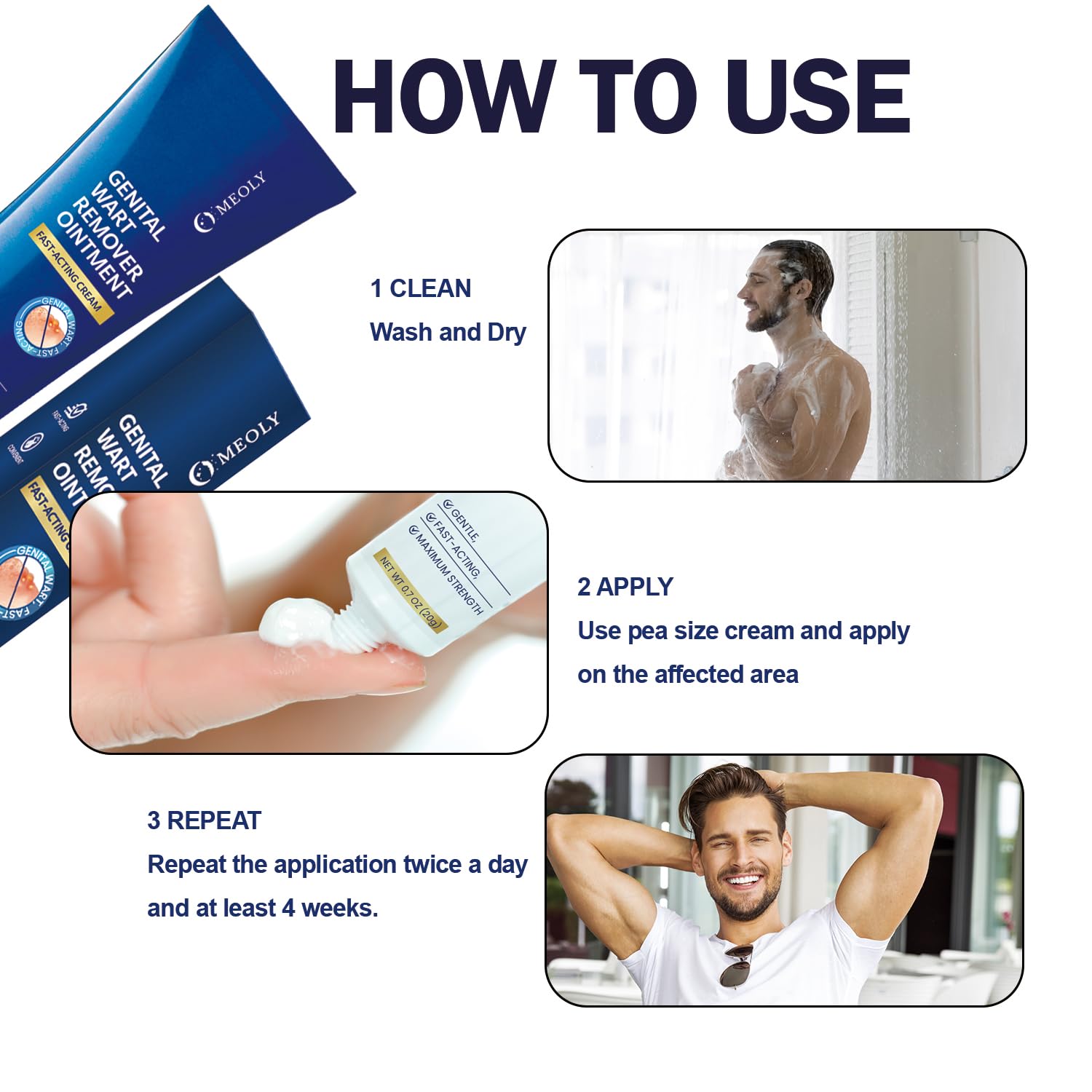 MEOLY genital wart remover cream tube close-up highlights precise dispensing for targeted use.