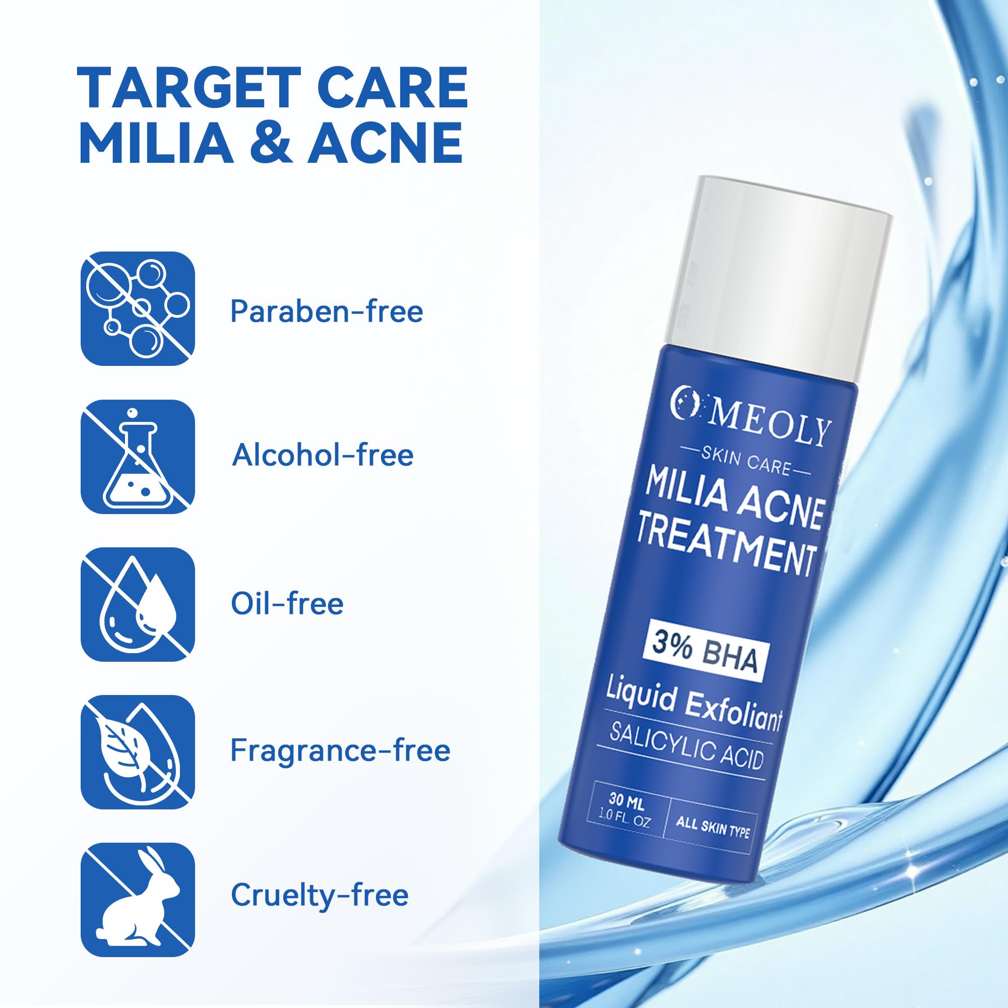 MEOLY Milia Remover Serum 30 ml bottle; travel-friendly for on-the-go skincare.