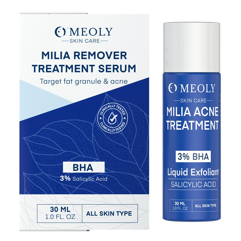 MEOLY Milia Remover Serum bottle closeup; lightweight, fast-absorbing formula for daily use.