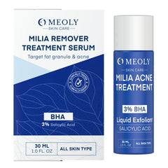 MEOLY Milia Remover Serum bottle closeup; lightweight, fast-absorbing formula for daily use.