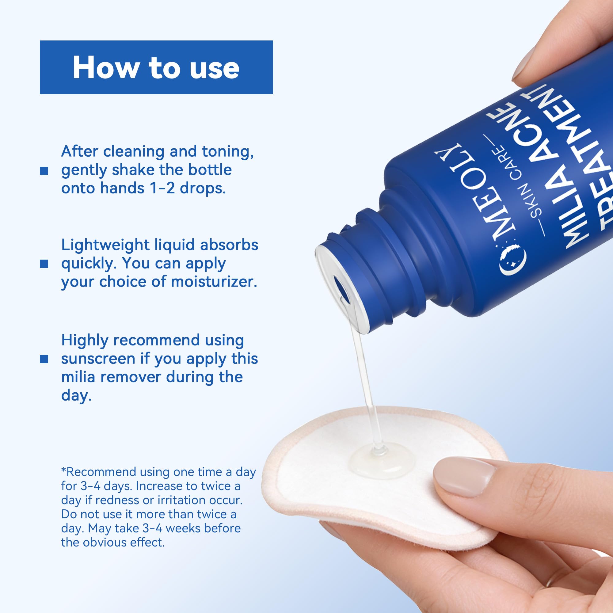 MEOLY Milia Remover Serum on the cheek area; gentle care around eyes and nose.