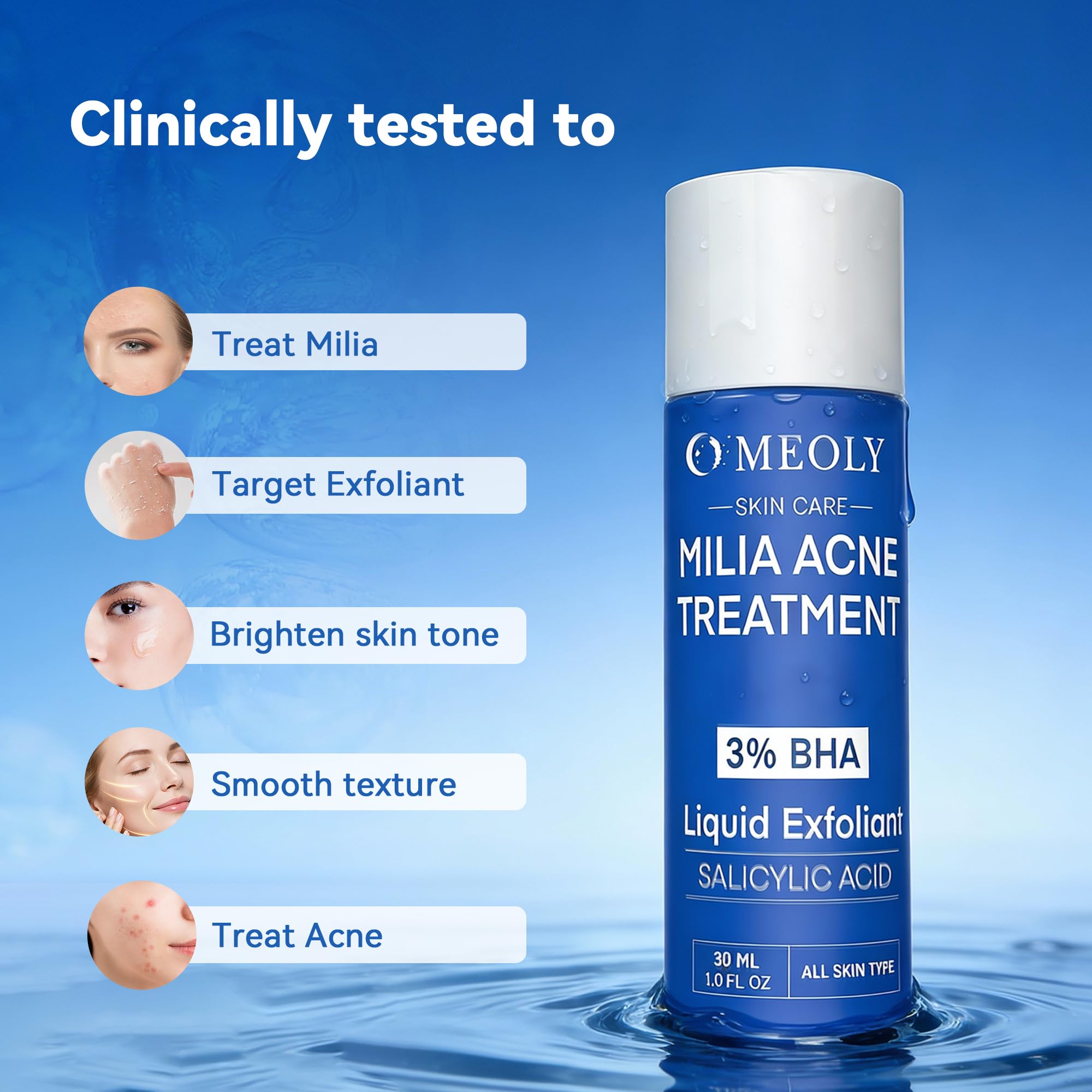 MEOLY Milia Remover Serum ingredients panel emphasizing BHA and Niacinamide blend.