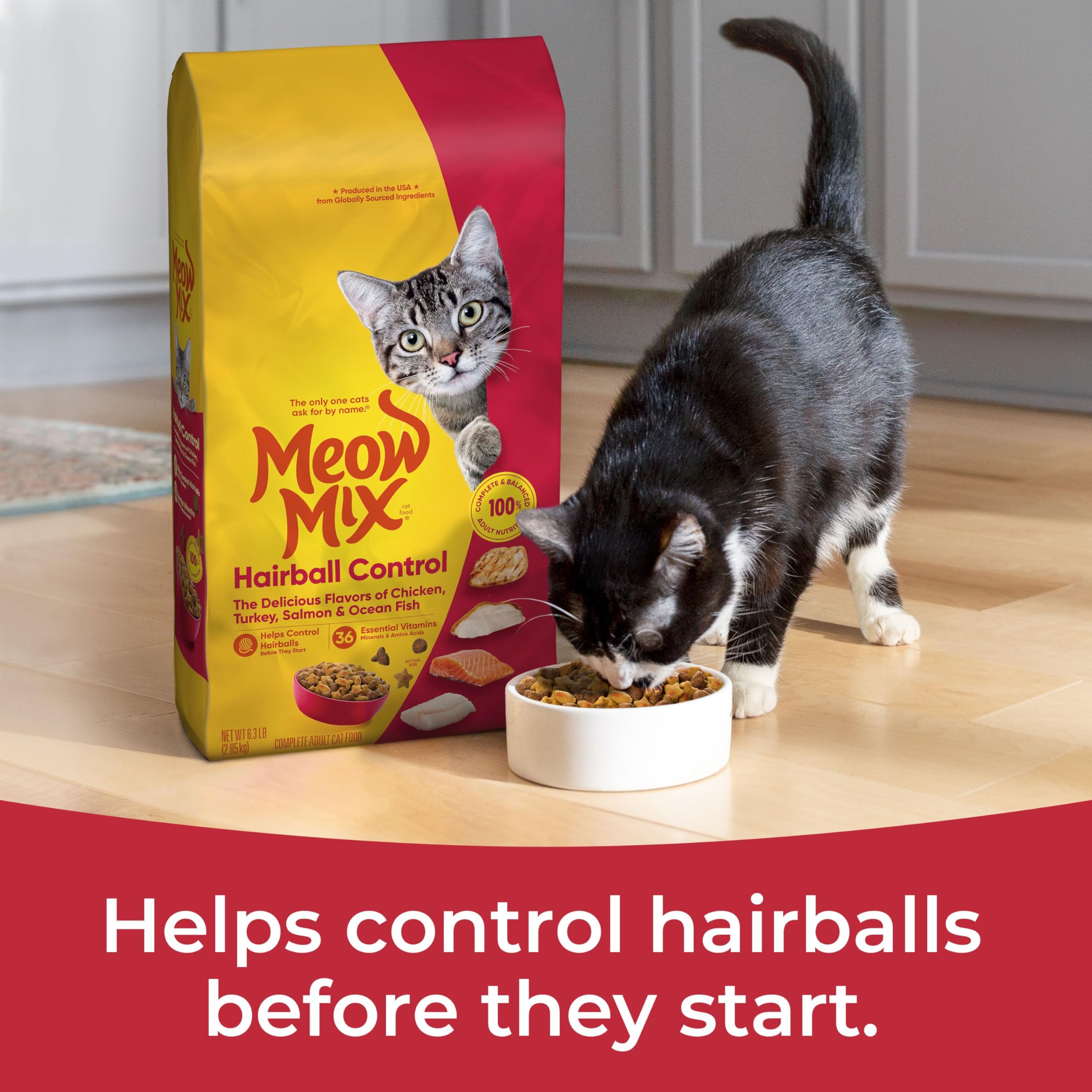 Meow Mix nutrition panel shows vitamins, minerals, and amino acids.