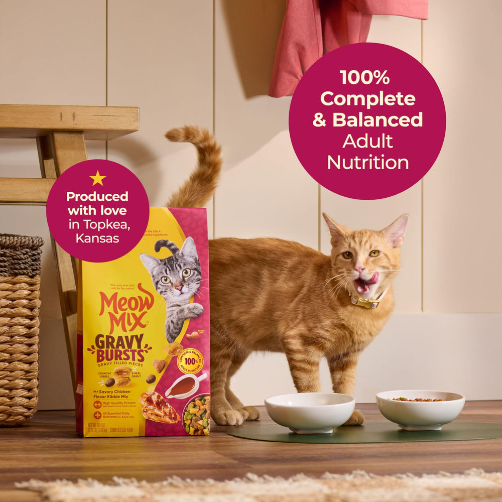 Meow Mix Gravy Bursts adult nutrition supports balanced meals.