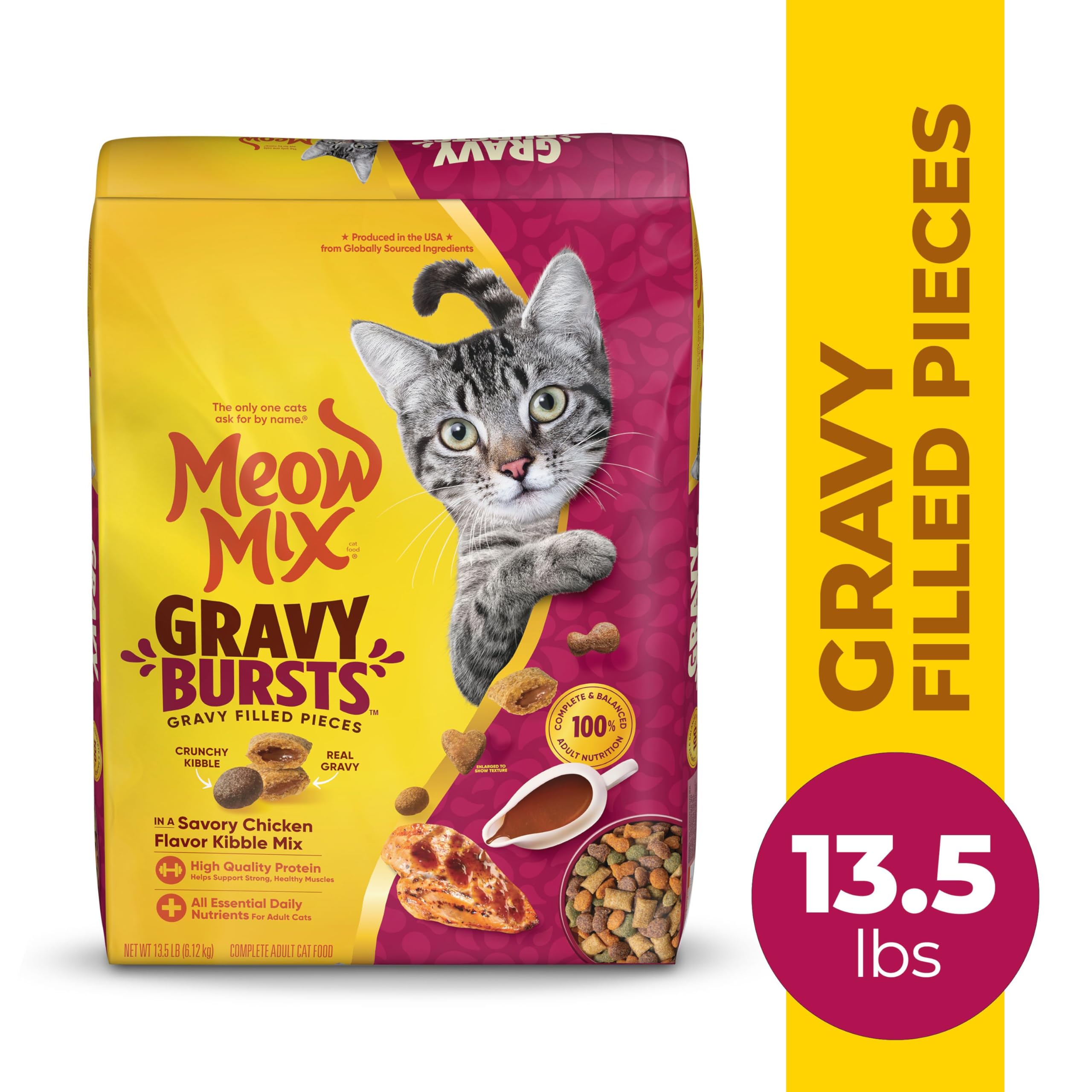 Meow Mix Gravy Bursts chicken flavor chunks for savory taste.