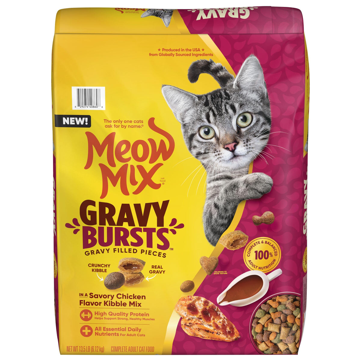 Meow Mix Gravy Bursts dry cat food bag with real gravy pockets.