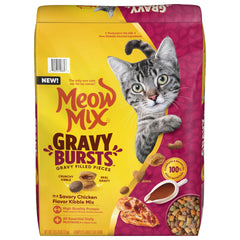 Meow Mix Gravy Bursts dry cat food bag with real gravy pockets.