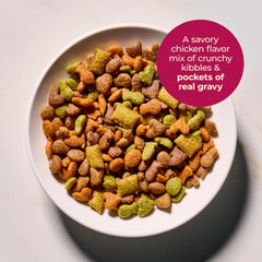 Meow Mix Gravy Bursts gravy-filled pockets close-up showing centers.