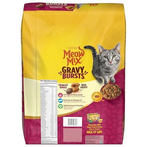 Meow Mix Gravy Bursts kibble with gravy cores for tasty texture.