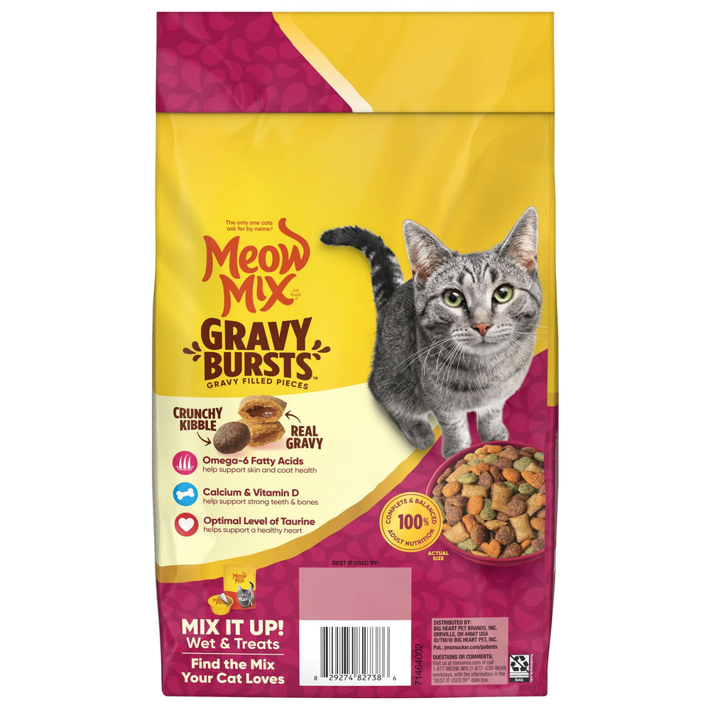 Meow Mix Gravy Bursts serving dish and kibble texture