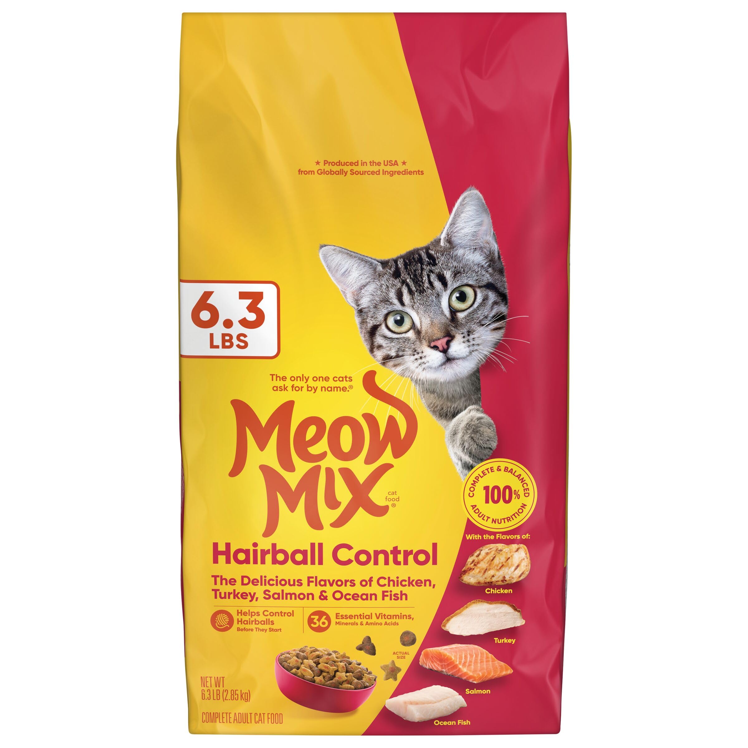 Meow Mix Hairball Control dry cat food bag promotes adult cat hairball control.
