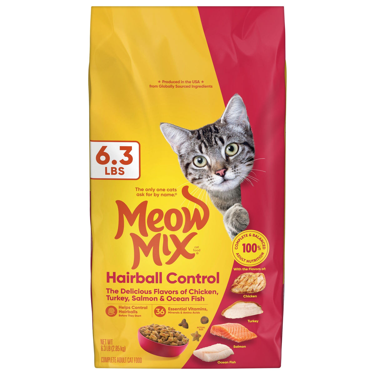 Meow Mix Hairball Control dry cat food bag promotes adult cat hairball control.
