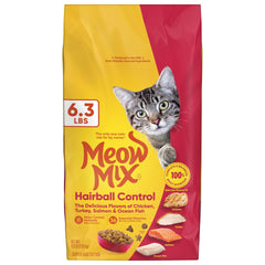 Meow Mix Hairball Control dry cat food bag promotes adult cat hairball control.