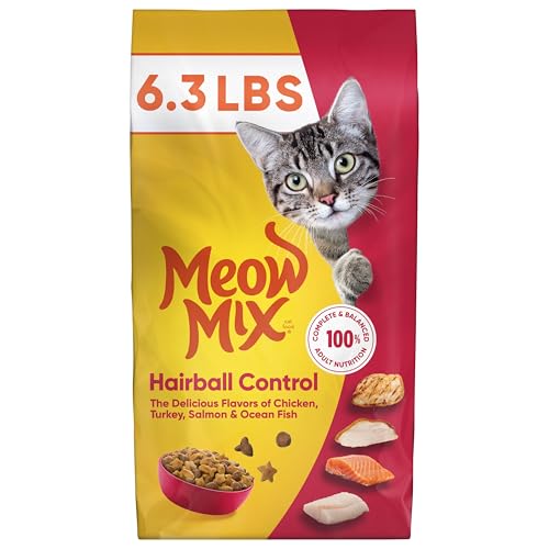 Meow Mix hairball control formula with added fiber for prevention.