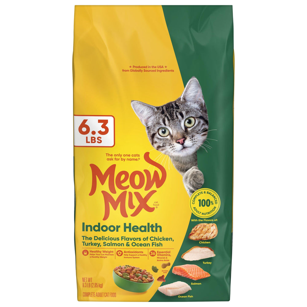 Meow Mix Indoor Health bag shown for convenient indoor feeding