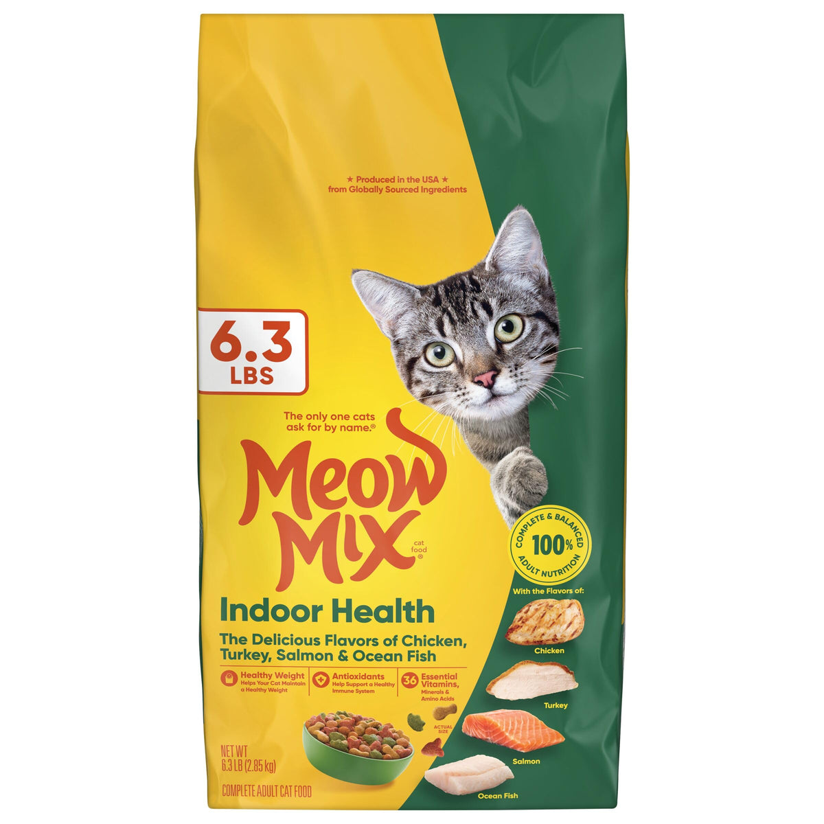 Meow Mix Indoor Health bag shown for convenient indoor feeding