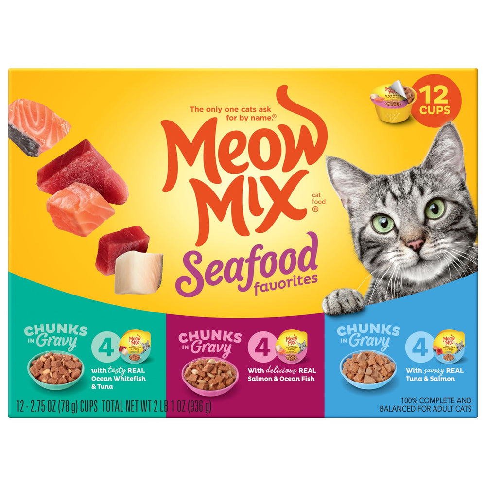 Meow Mix Chunks in Gravy packaging enables simple serving.
