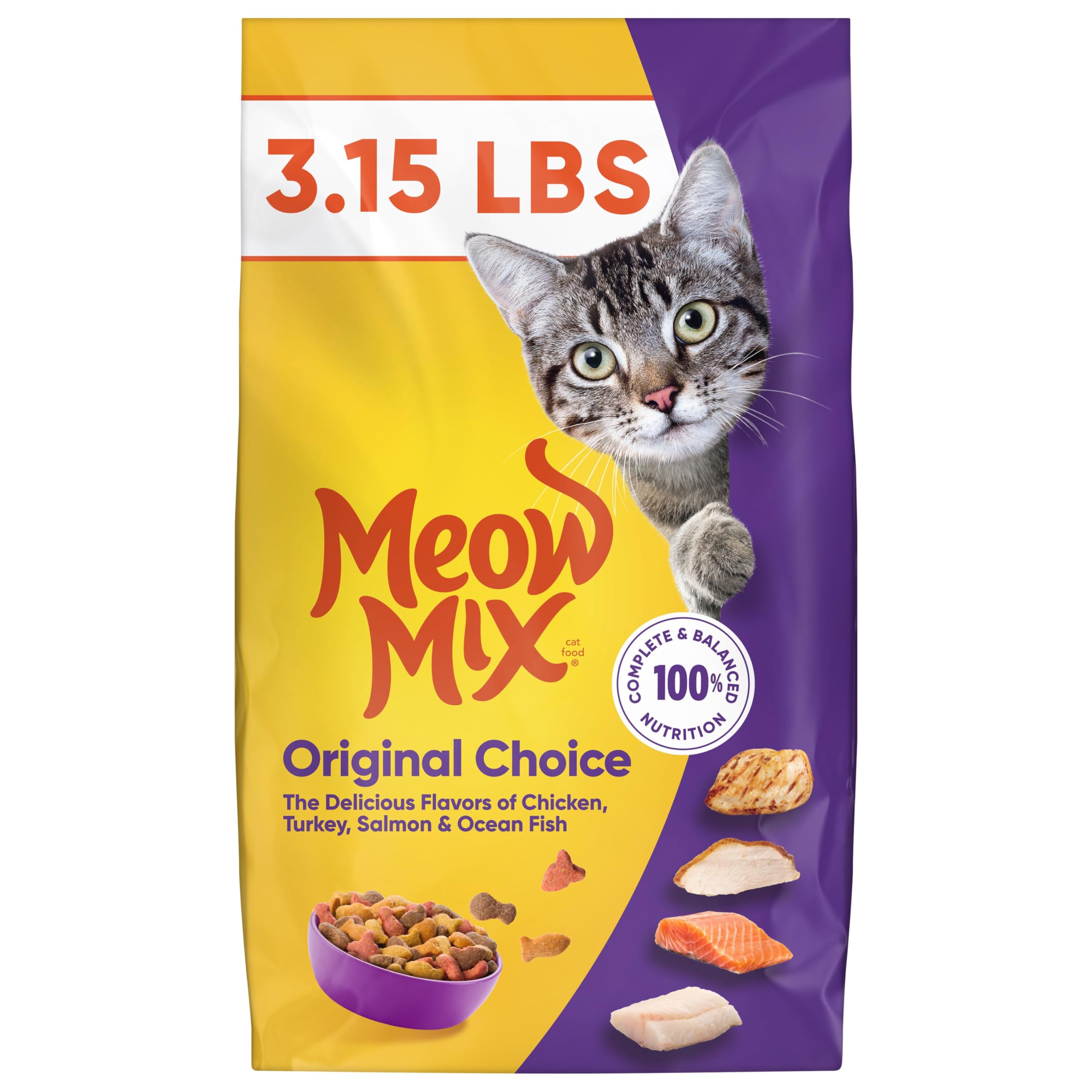 Meow Mix Original Choice bag front highlights balanced adult cat nutrition.