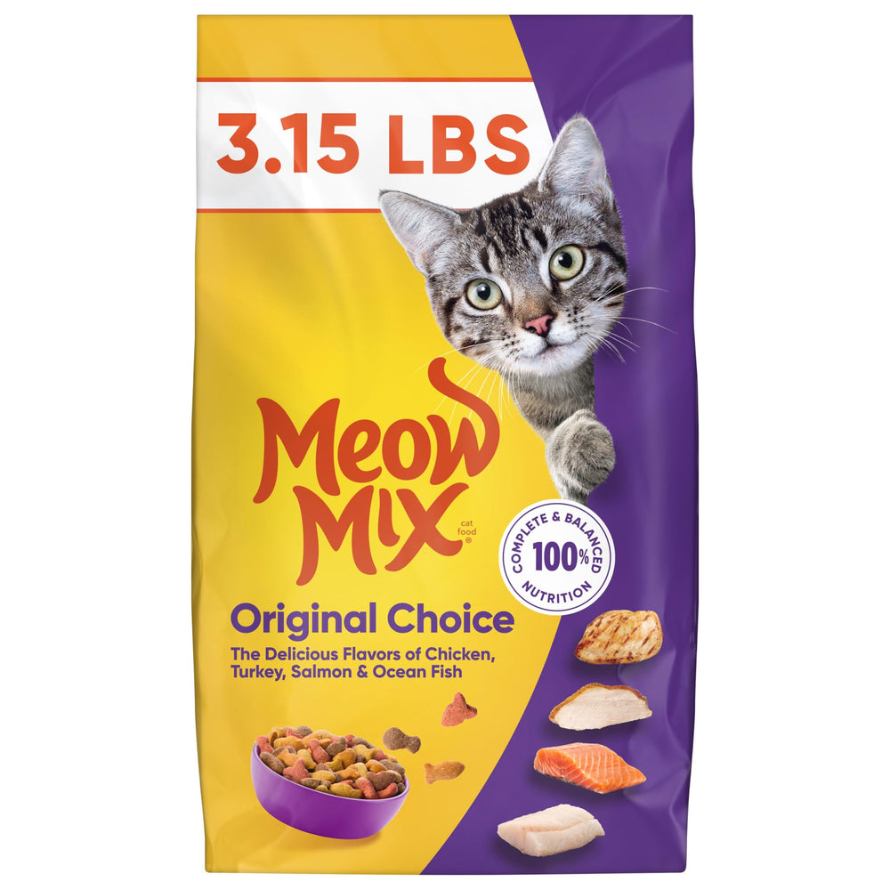 Meow Mix Original Choice bag front highlights balanced adult cat nutrition.