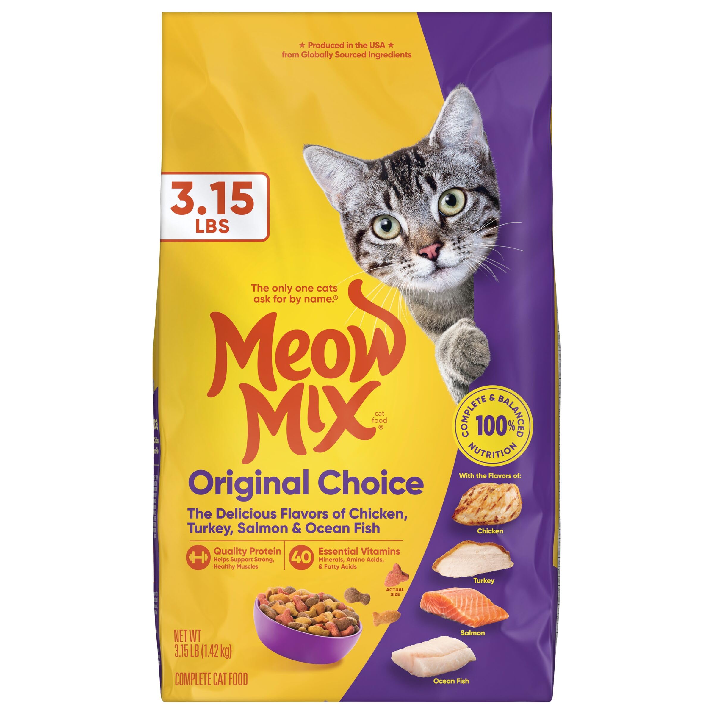 Meow Mix Original Choice coat-nourishing nutrients support healthy-looking fur.