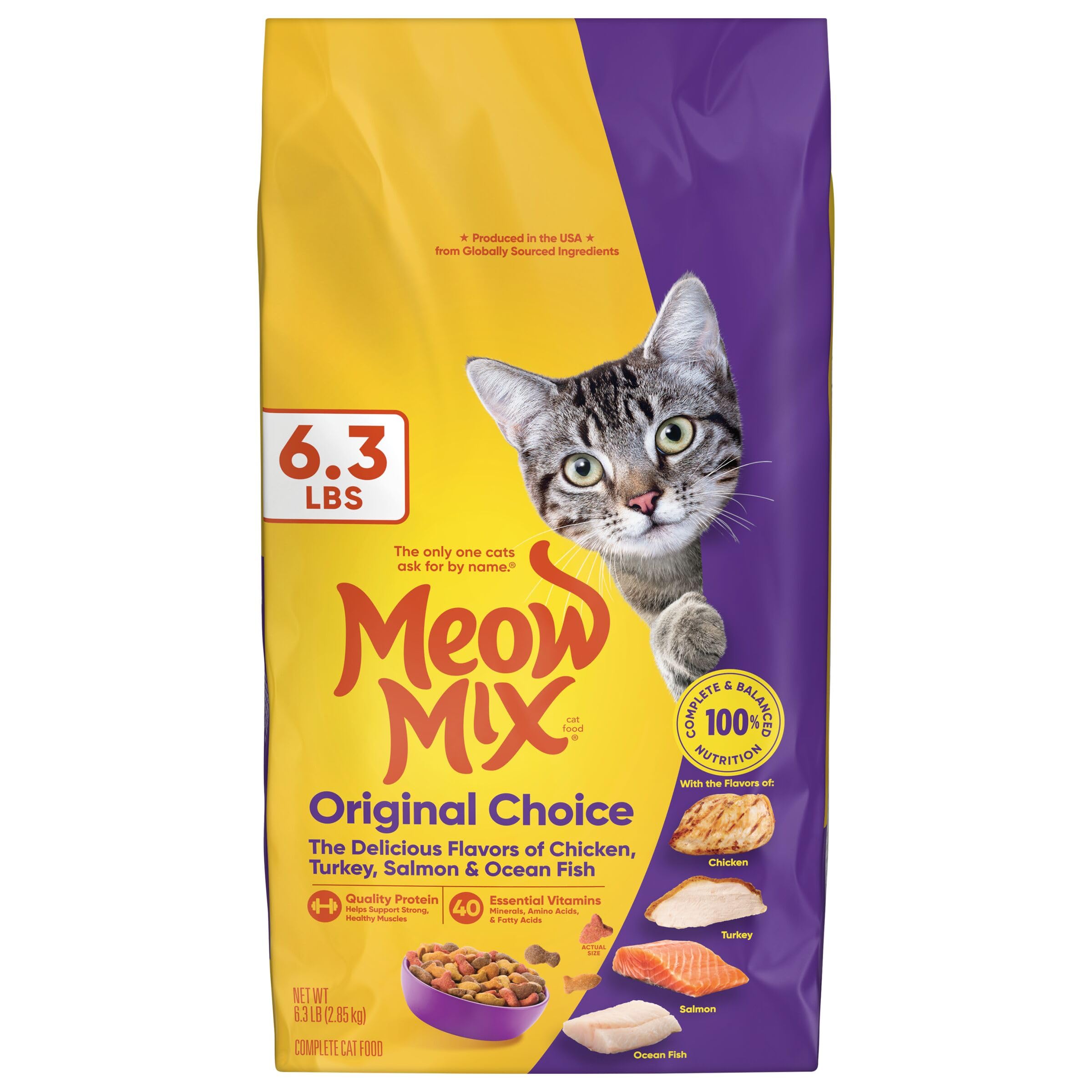 Meow Mix Original Choice dry cat food 6.3 lb bag front shows balanced nutrition for daily meals.