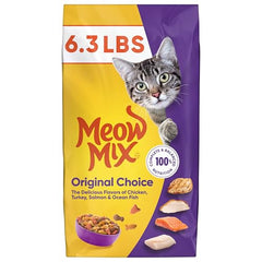 Meow Mix Original Choice dry cat food nutrition panel back highlights complete daily nutrition.