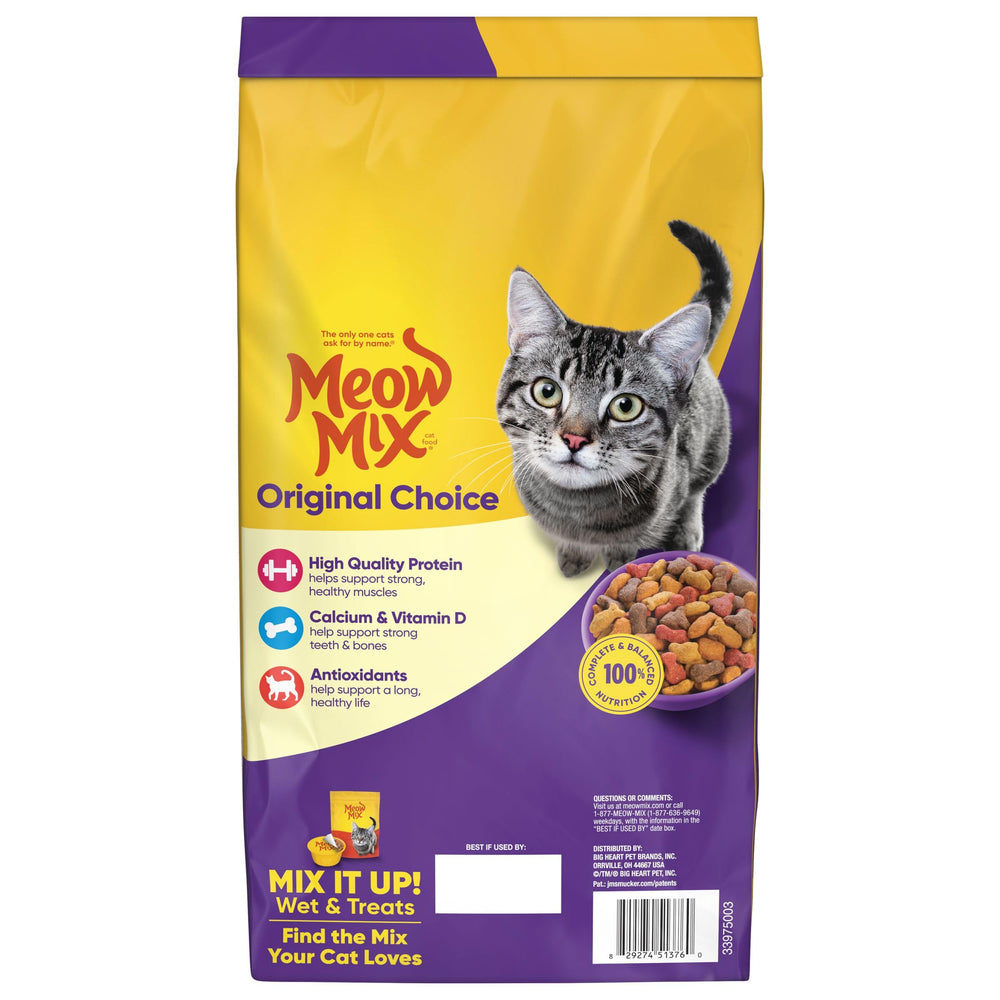 Meow Mix Original Choice flavor ingredients highlight chicken, turkey, salmon, ocean fish.