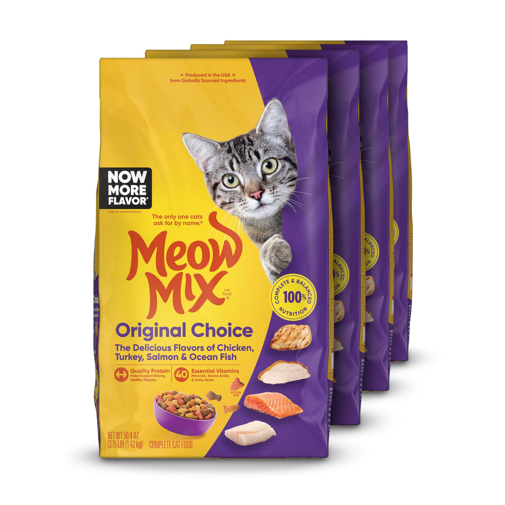 Meow Mix Original Choice dry cat food pack front shows four 3.15-lb bags for daily feeding.