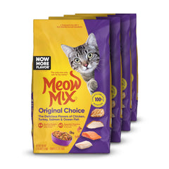 Meow Mix Original Choice dry cat food pack front shows four 3.15-lb bags for daily feeding.