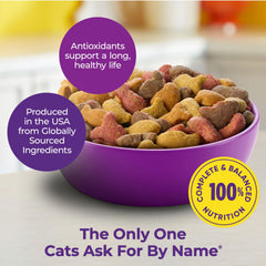 Meow Mix Original Choice serving bowl with cat enjoying a meal.
