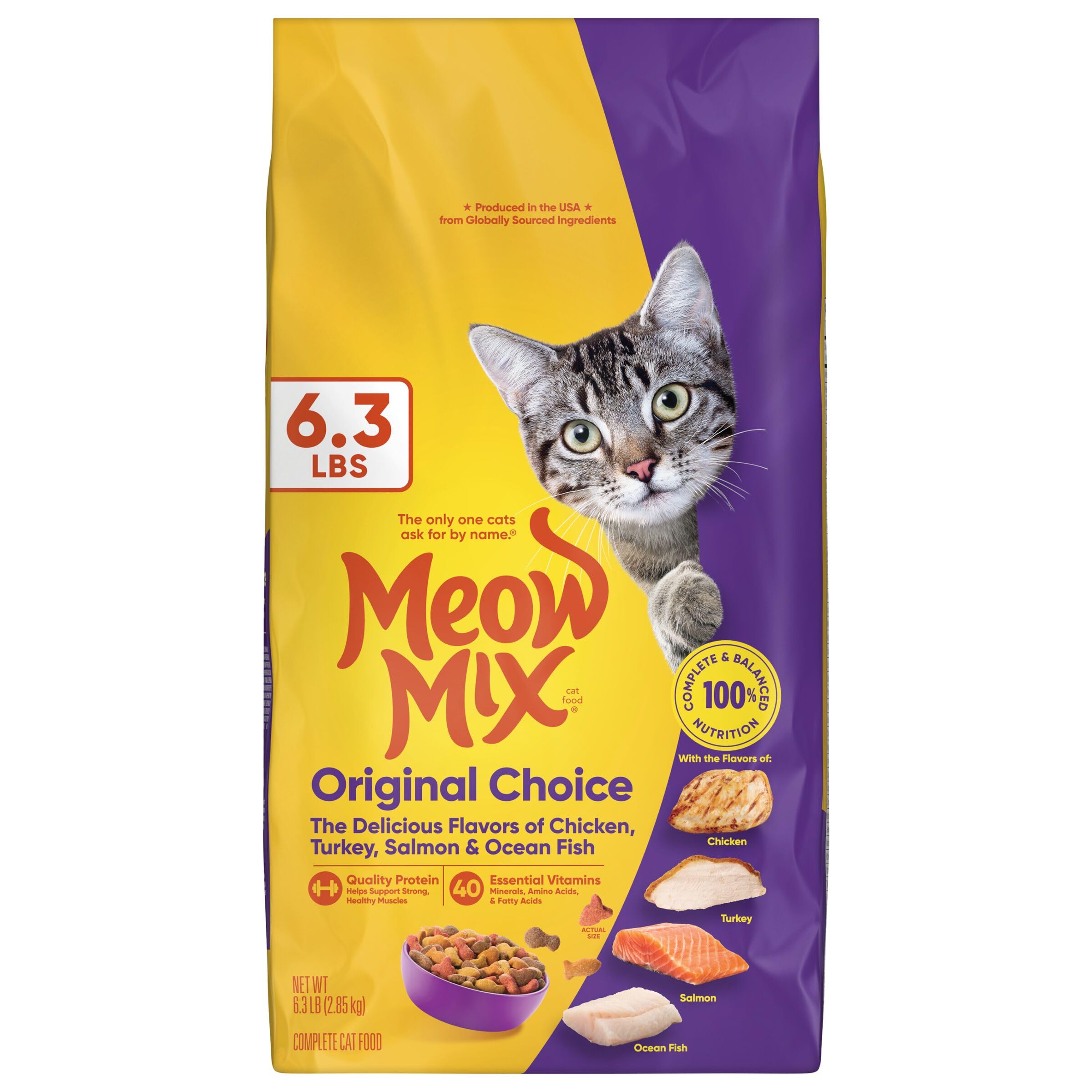 Meow Mix Original Choice bag on counter conveys ready-to-serve daily meals.