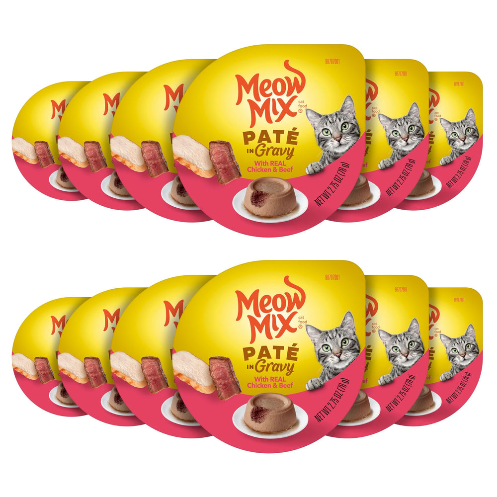 Ensemble de 12 tasses Meow Mix Paté en Sauce, prêt à servir.