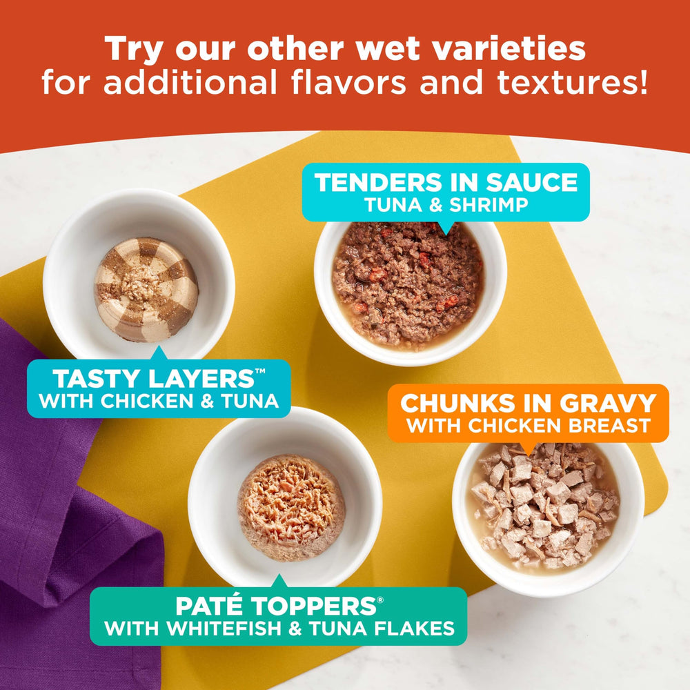 Lot de 12 portions Meow Mix Paté en Gravy pour chats adultes.