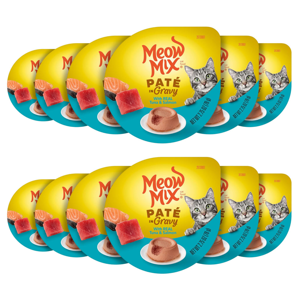 Paté Meow Mix en gravy au thon et saumon dans une tasse prête à servir au chat adulte.