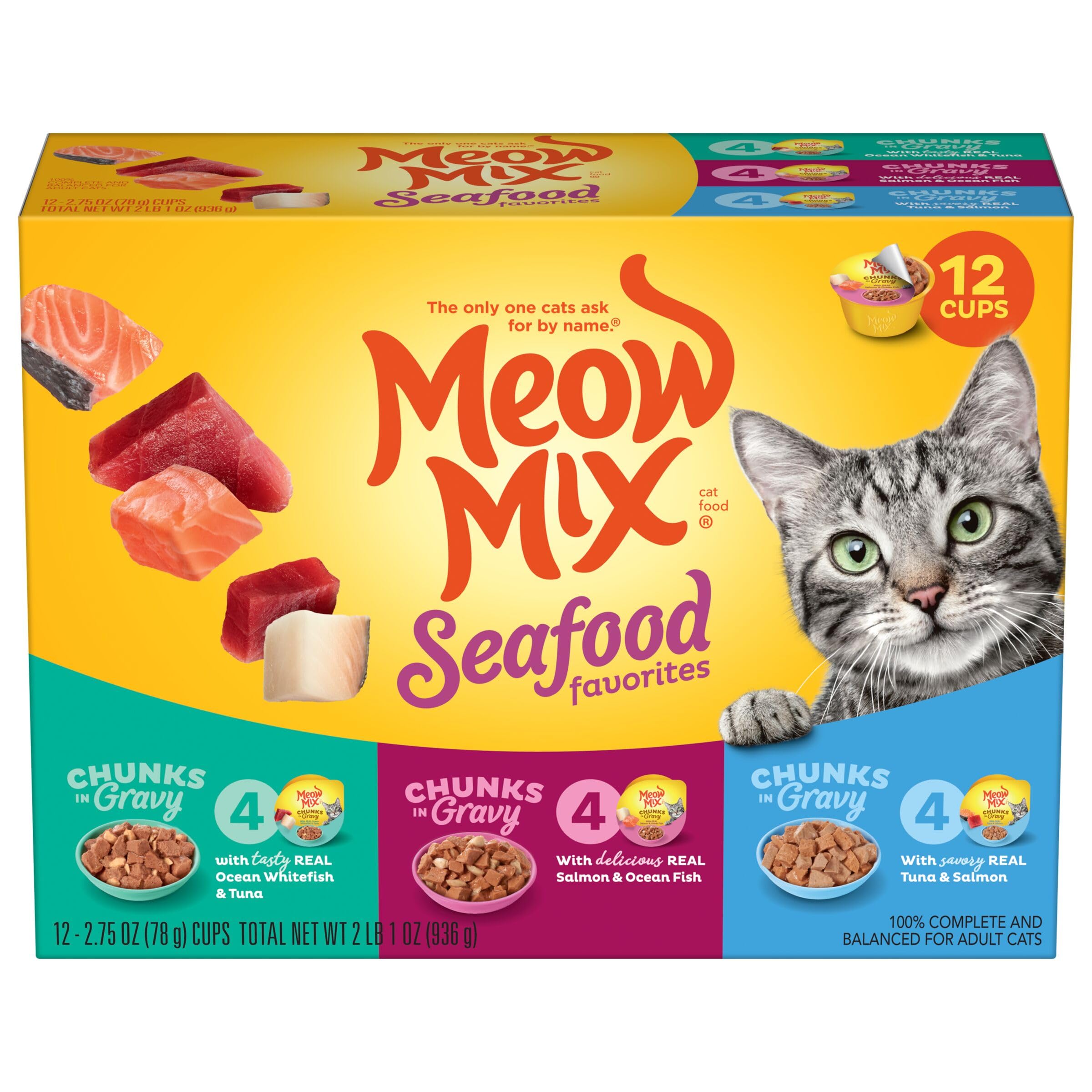Meow Mix Seafood Favorites Variety Pack cups display three flavors for daily feeding variety.