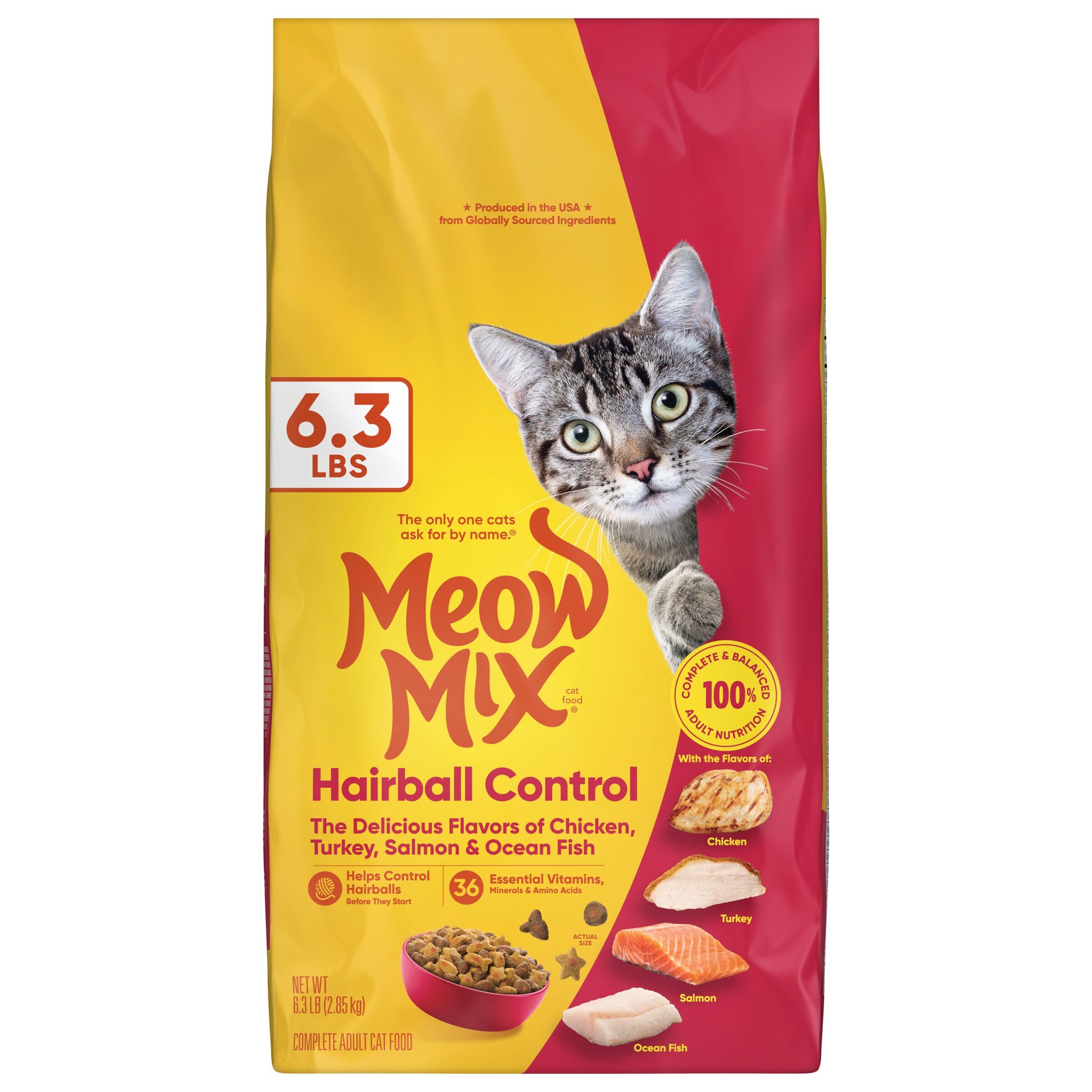 Meow Mix kibble in a serving bowl for routine meals.