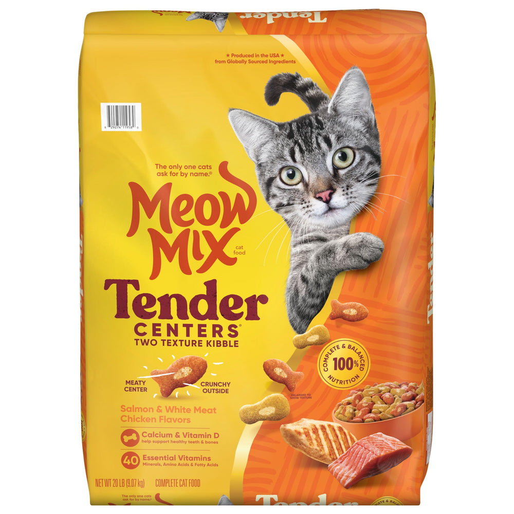 Meow Mix Tender Centers bag front for convenient 20 lb home feeding.