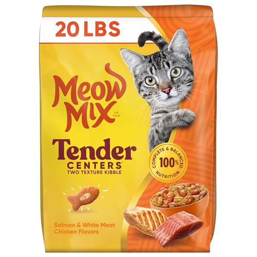 Meow Mix Tender Centers bag label highlighting two-texture kibble details.